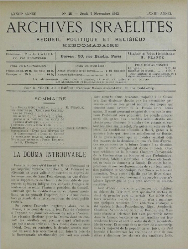 Archives israélites de France. Vol.73 N°45 (07 nov. 1912)